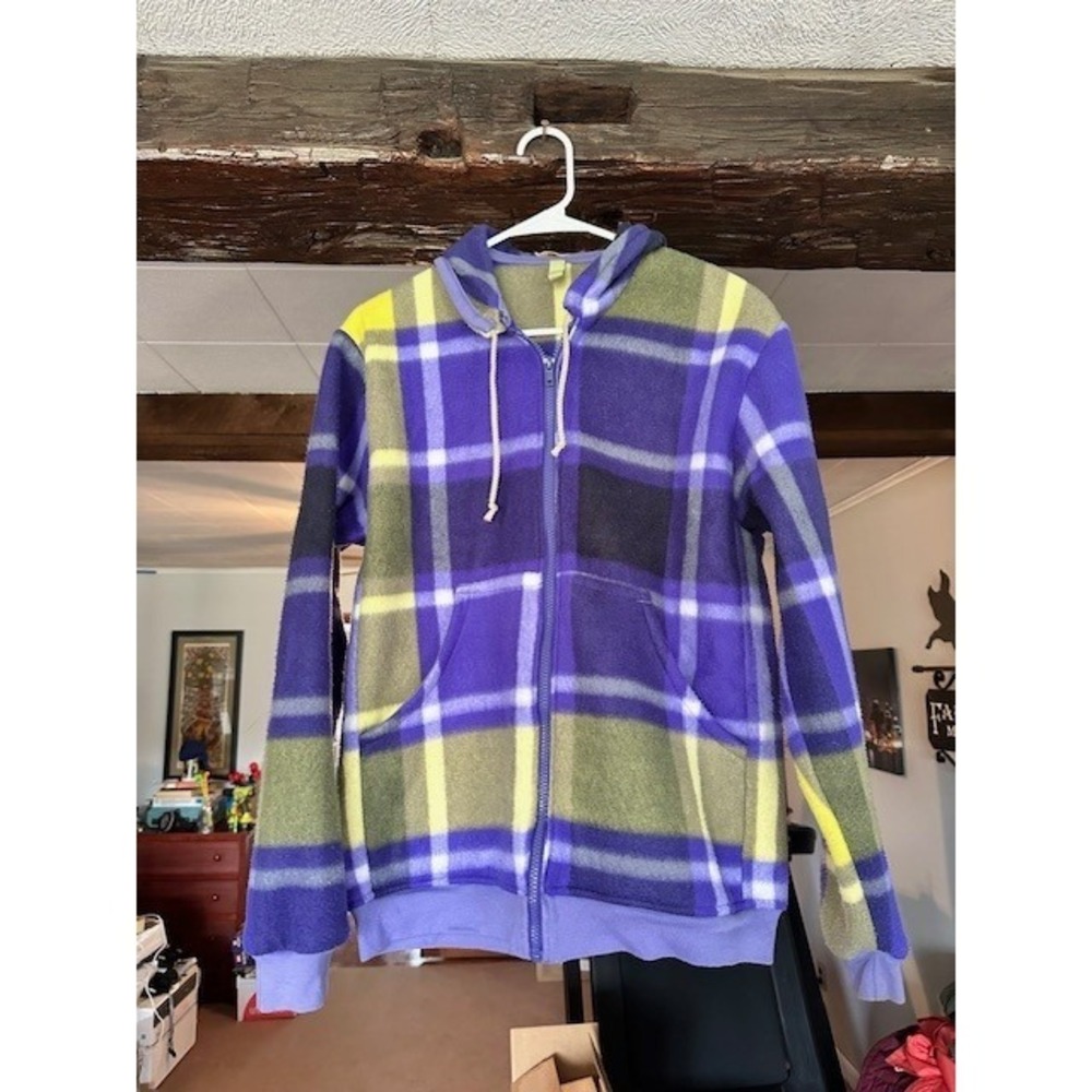 Judith Hynes Custom Fleece Hoodie Purple Yellow Plaid Full Zip Sweatshirt Womens